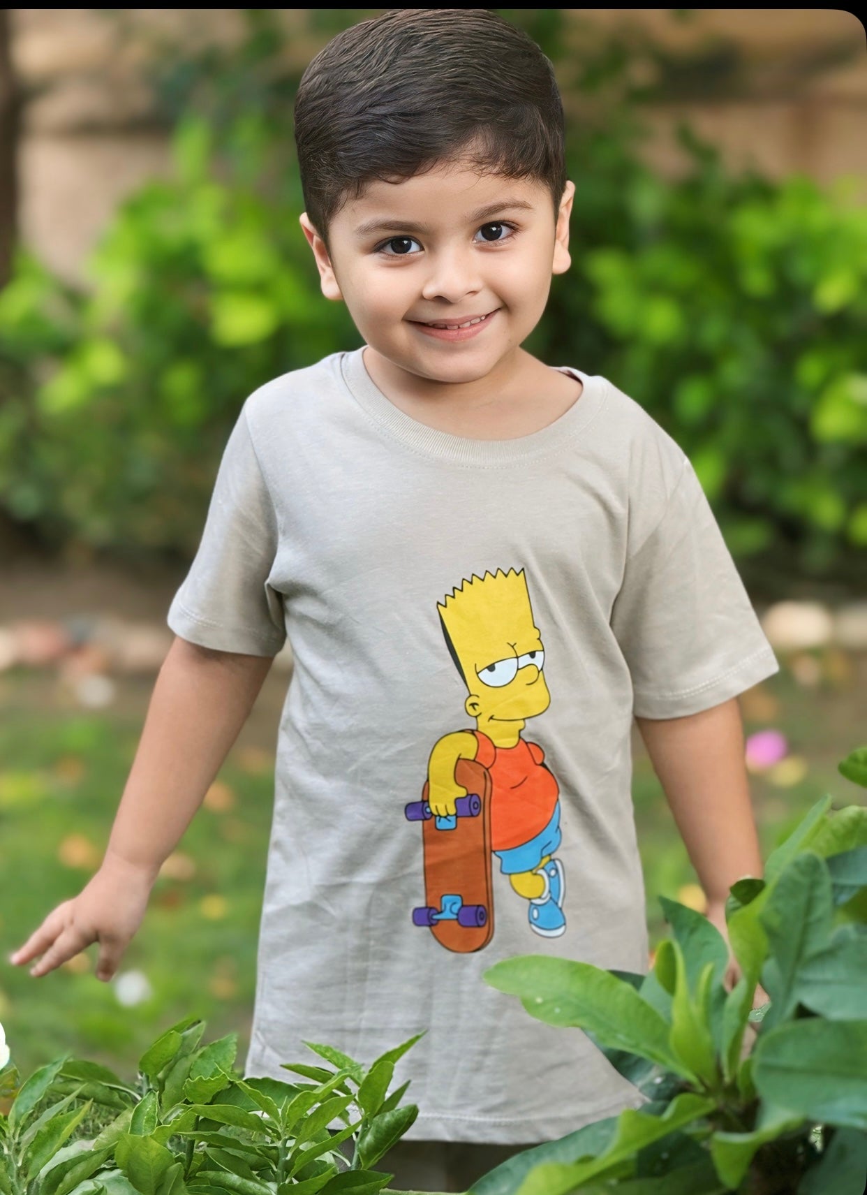 Bart Simpson with Skateboard Print Tee Cream Colour Printed T Shirts Kids 100% Cotton Tees