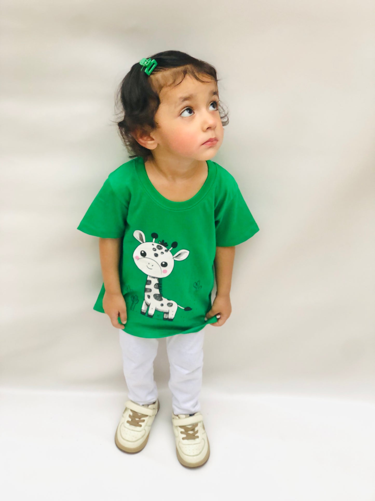 Cute Giraffe Print Tee Green Colour Printed T Shirts Kids 100% Cotton Tees