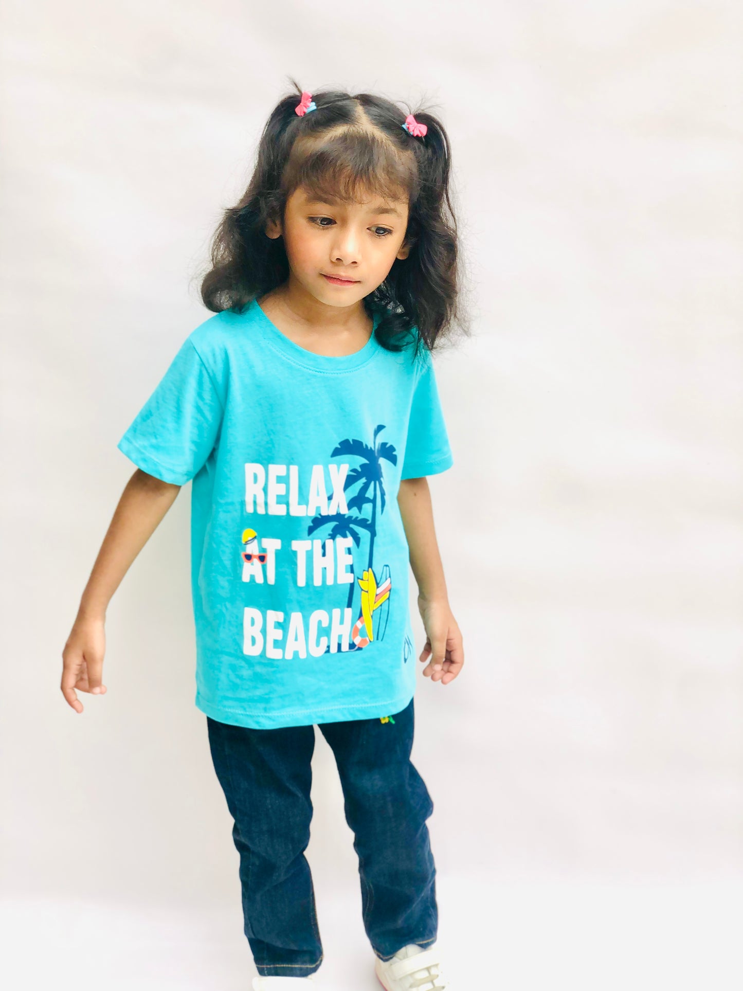 Relax at the Beach Unisex Tee Teal Colour Printed T Shirts Kids 100% Cotton Tees