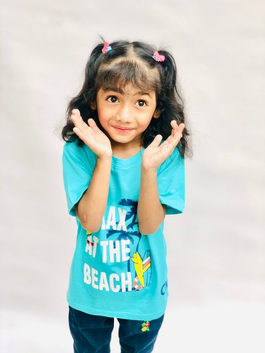 Relax at the Beach Unisex Tee Teal Colour Printed T Shirts Kids 100% Cotton Tees