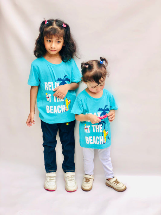 Relax at the Beach Unisex Tee Teal Colour Printed T Shirts Kids 100% Cotton Tees