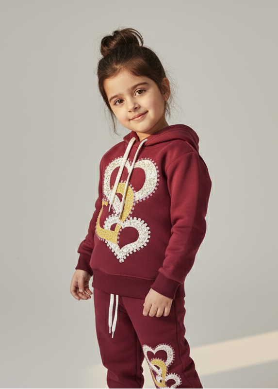 Child wearing a maroon hoodie and pants with a logo on a gray background