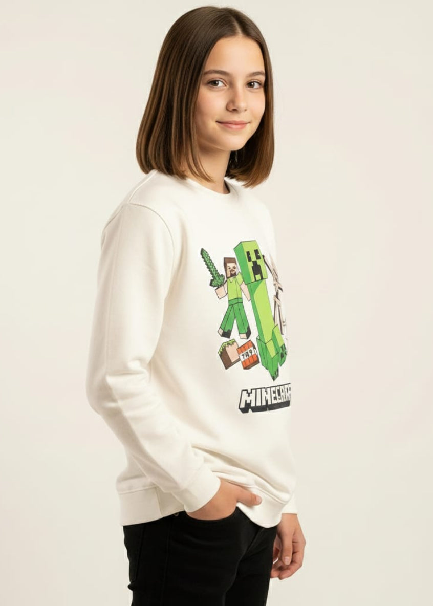 Person wearing a white hoodie with a Minecraft character design on a plain background
