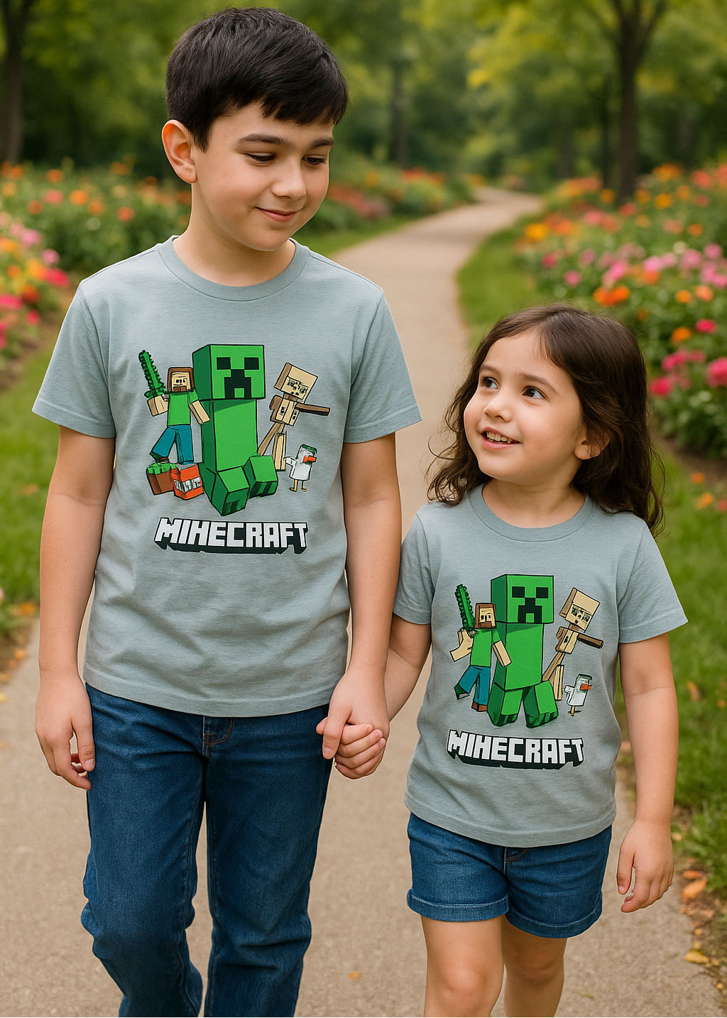 Two children wearing Minecraft-themed t-shirts standing in a park.