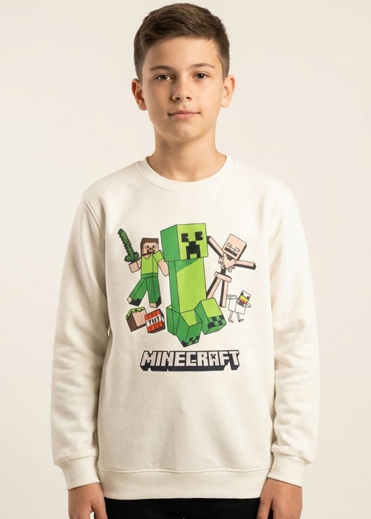Child wearing a Minecraft-themed sweatshirt with a green character and text on a plain background