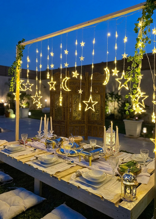 Dining table set for a meal with decorative string lights shaped like stars and moons.