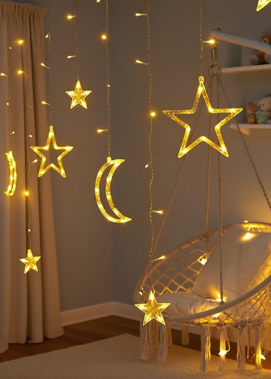 Decorative string lights shaped like stars and moons hanging in a room with a chair.