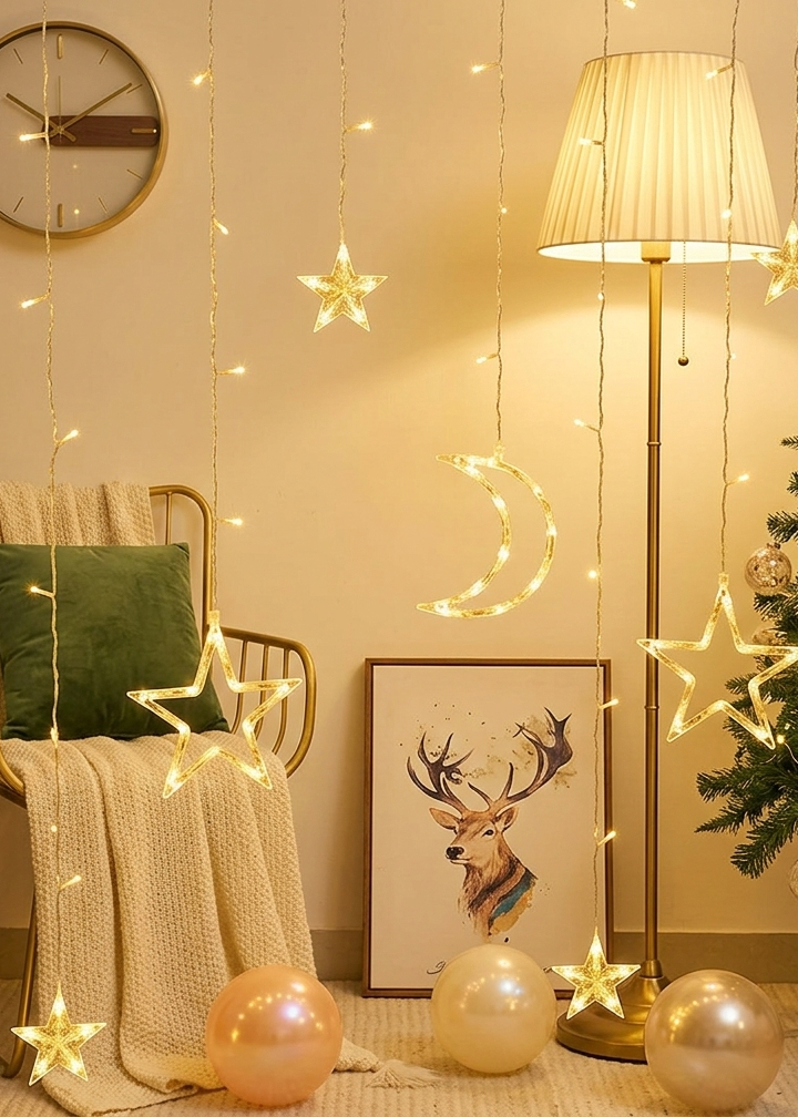 Decorative room interior with Christmas tree, string lights, and festive decor.