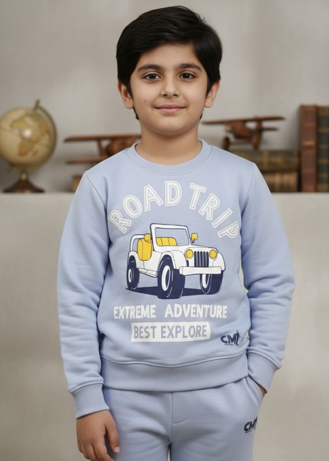 Road Trip Printed Sky Blue Fleece Sweatshirt with Trouser Set Winter Wear for Kids Super Soft & Warm Boys & Girls Tracksuit