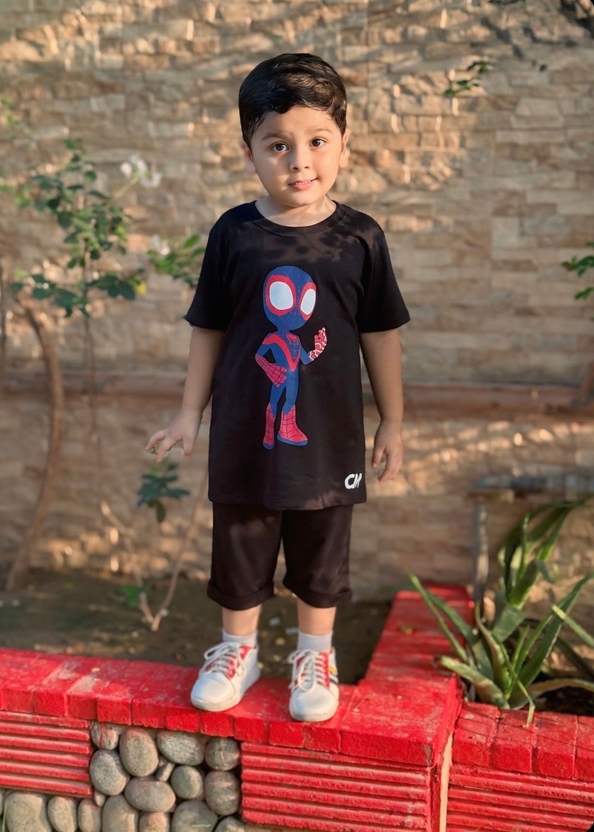 Child wearing a black t-shirt with a Spider-Man design, standing on a red brick ledge.