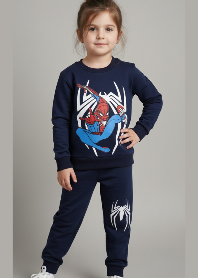 Child wearing a Spider-Man themed navy blue sweatshirt and pants on a gray background