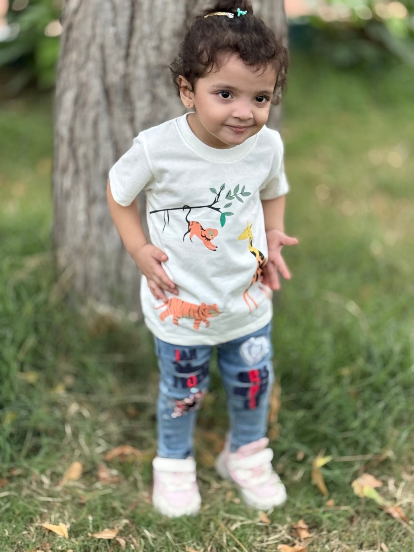 Zoo Animals Print Tee White Colour Printed T Shirts Kids 100% Cotton Tees