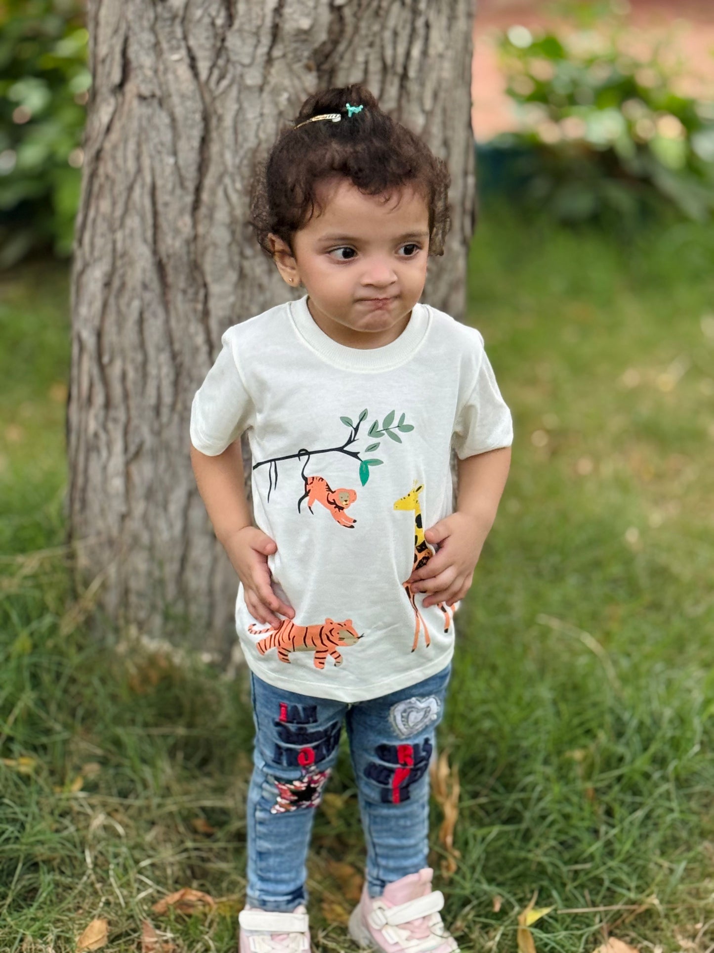 Zoo Animals Print Tee White Colour Printed T Shirts Kids 100% Cotton Tees