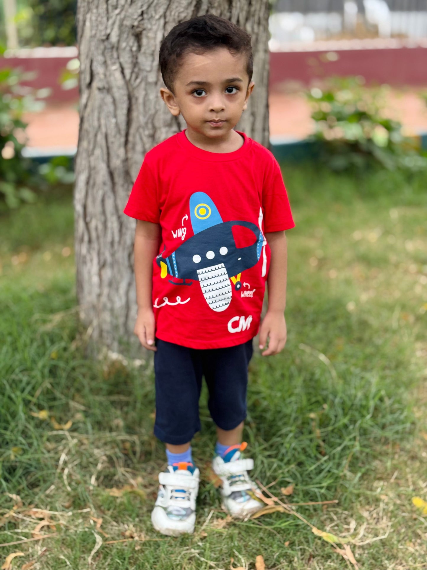 Airplane Wing and Wheel Print Tee Red Colour Printed T Shirts Kids 100% Cotton Tees