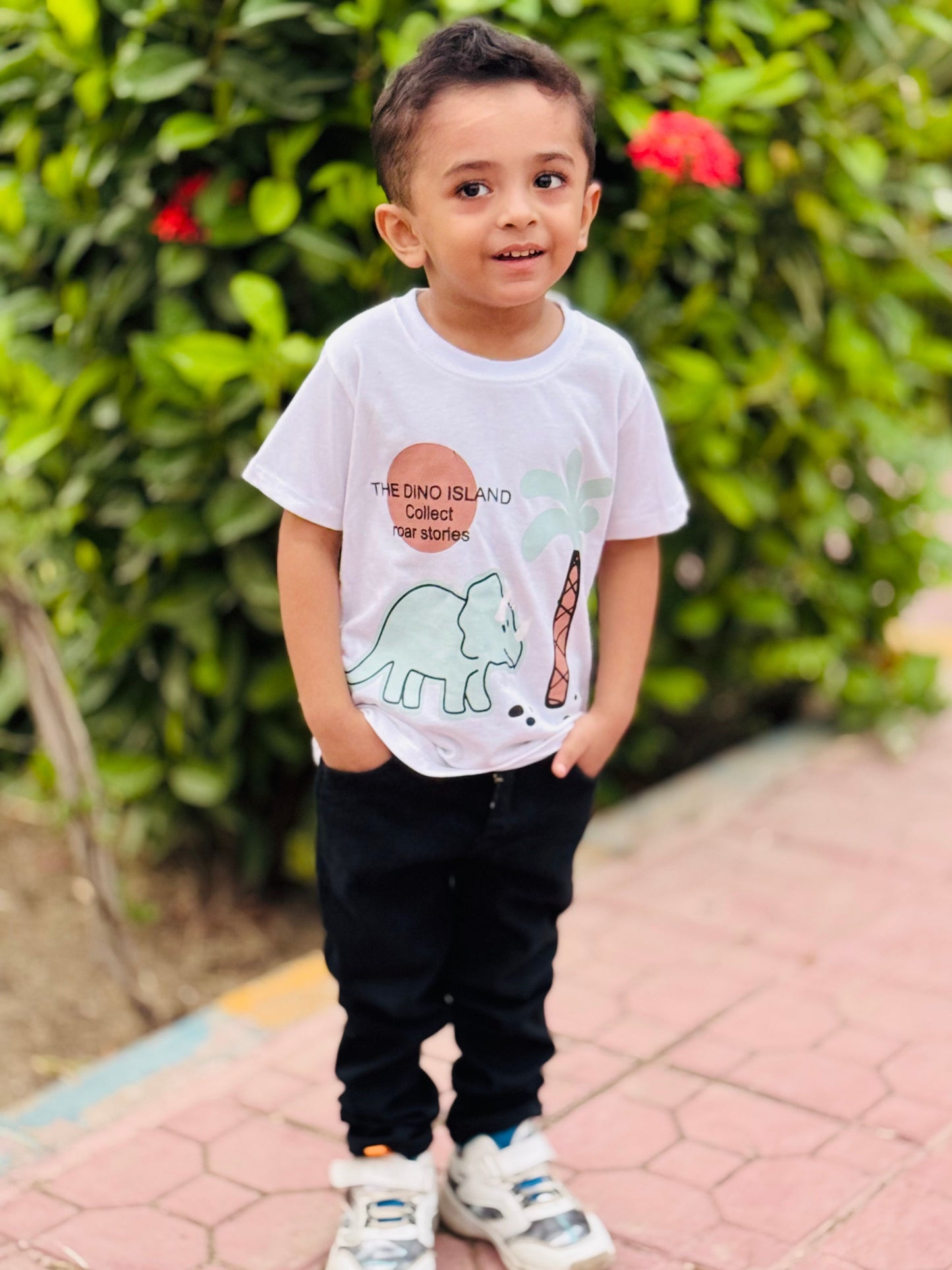 The Dino Island Print Unisex White Colour Printed T Shirts Kids 100% Cotton Tees