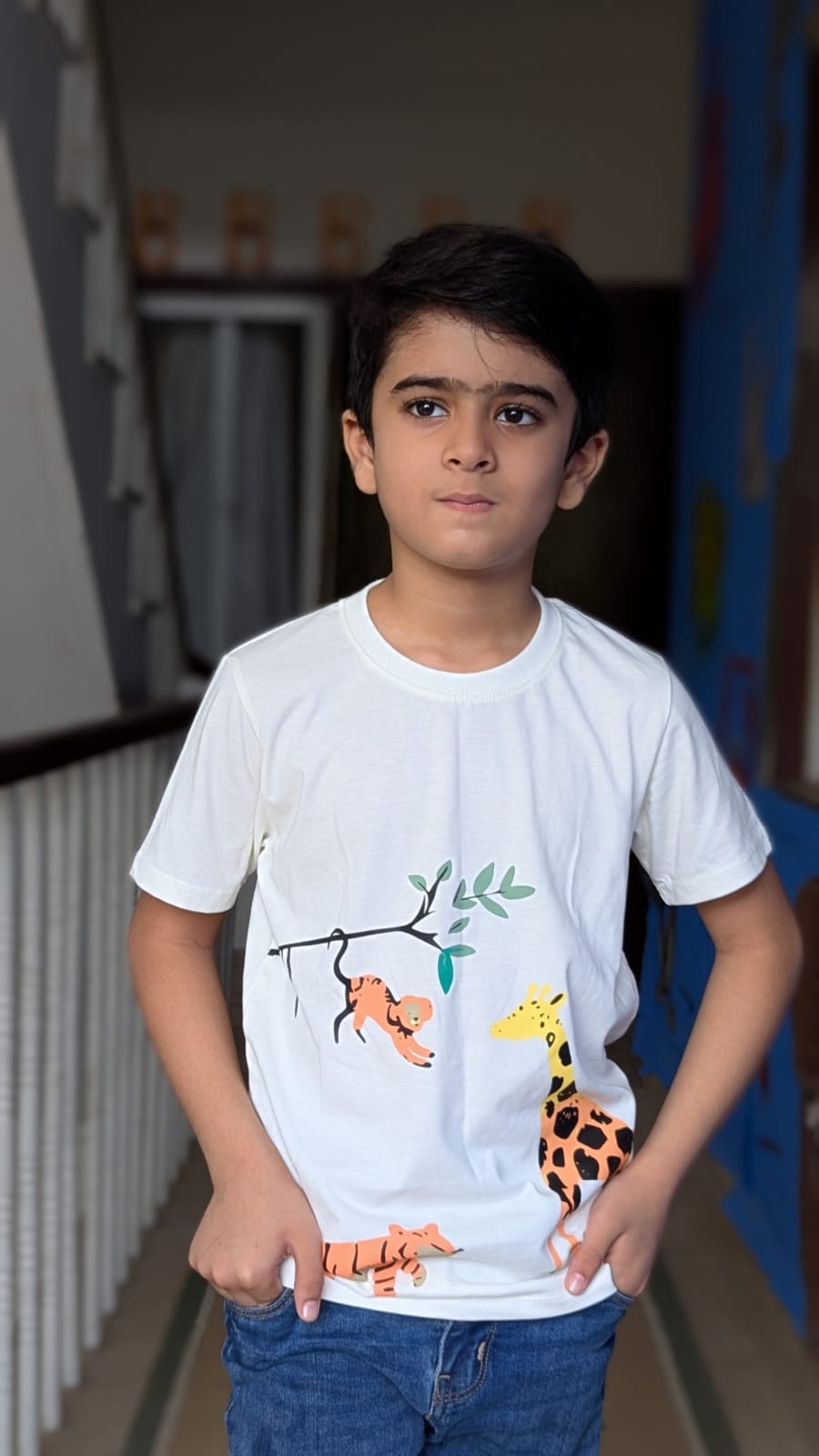 Zoo Animals Print Tee White Colour Printed T Shirts Kids 100% Cotton Tees