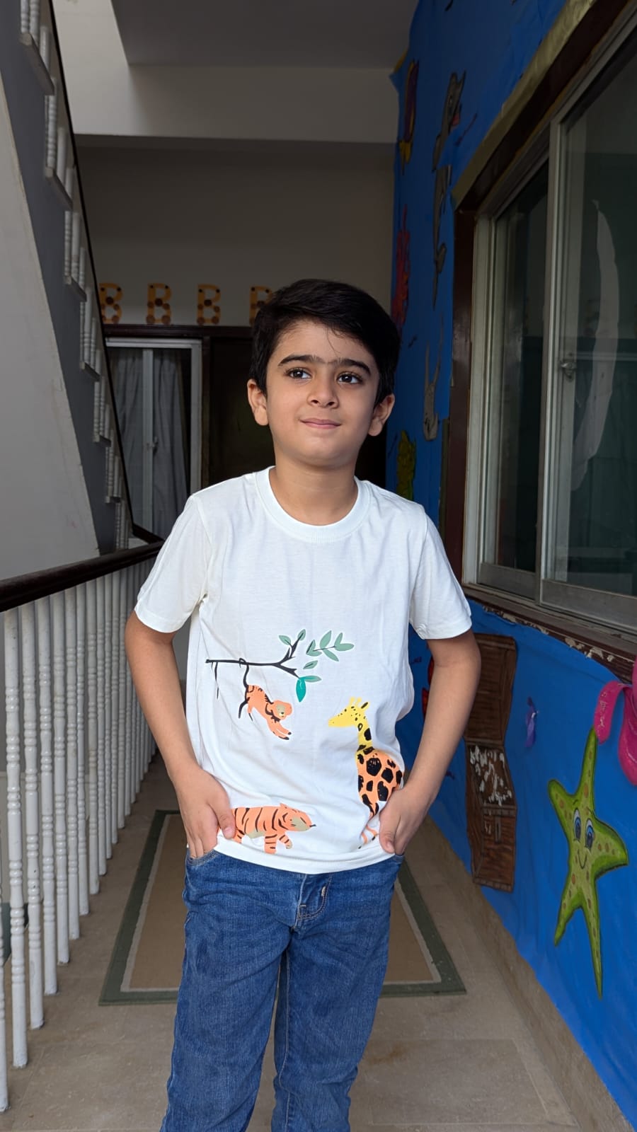 Zoo Animals Print Tee White Colour Printed T Shirts Kids 100% Cotton Tees