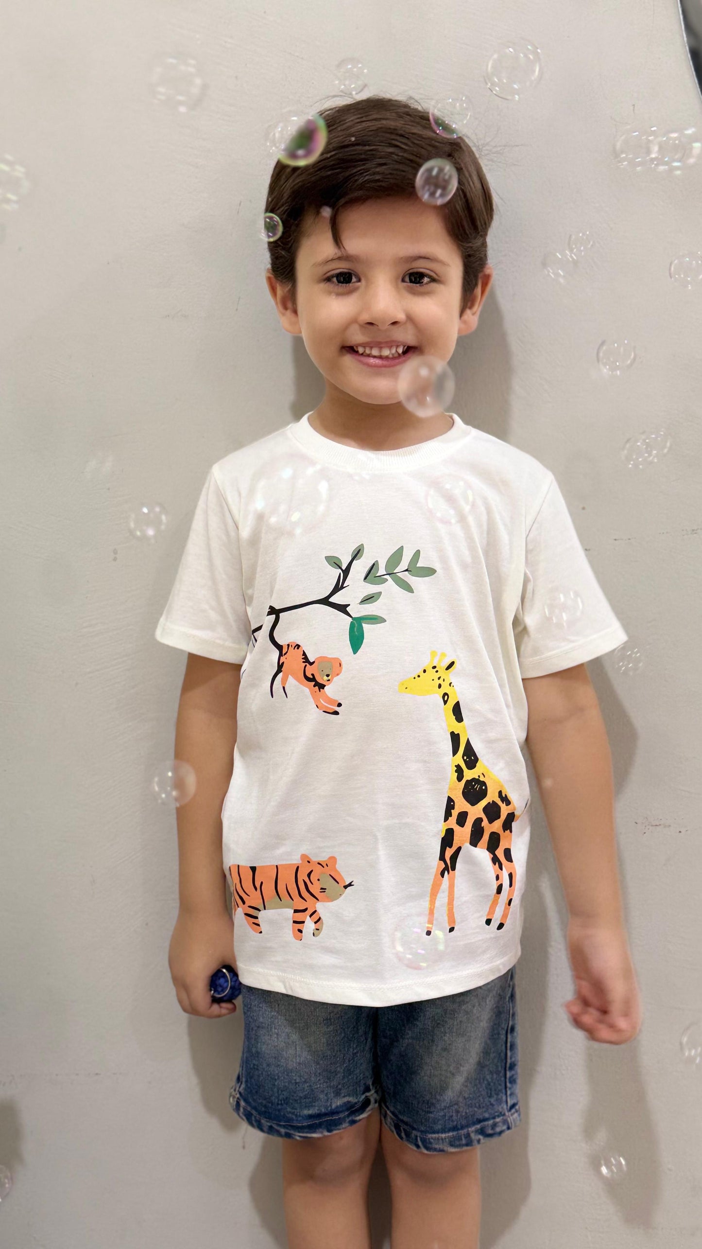 Zoo Animals Print Tee White Colour Printed T Shirts Kids 100% Cotton Tees