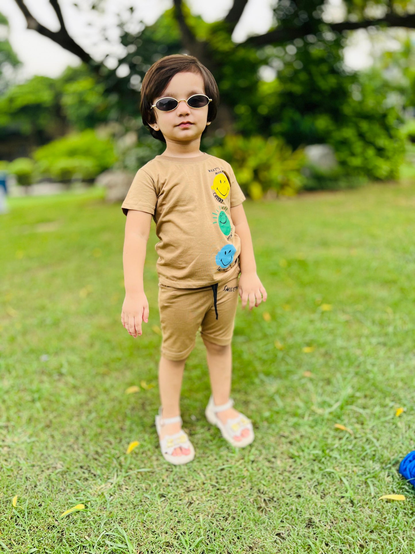 Smiley Faces Print Tee Light Brown Colour Printed T Shirts Kids 100% Cotton Tees