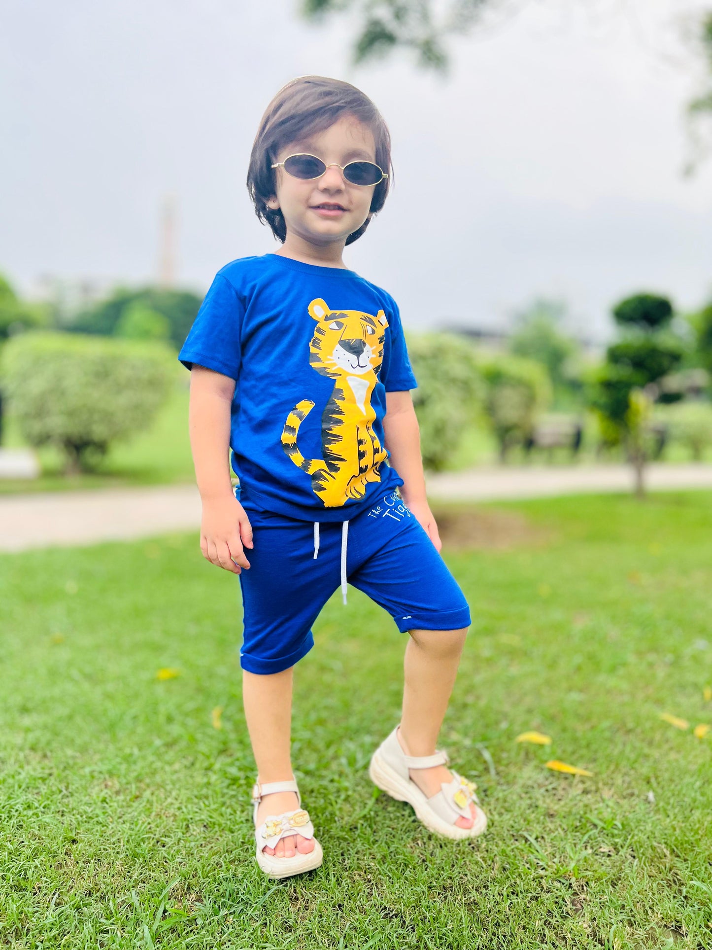 Tiger Print Unisex Tee Blue Colour Printed T Shirts Kids 100% Cotton Tees OR Shorts