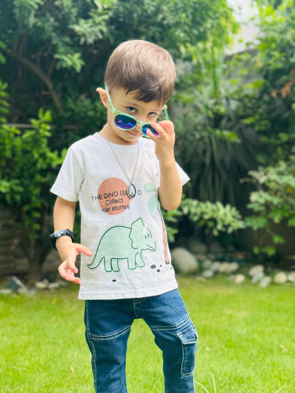 The Dino Island Print Unisex White Colour Printed T Shirts Kids 100% Cotton Tees