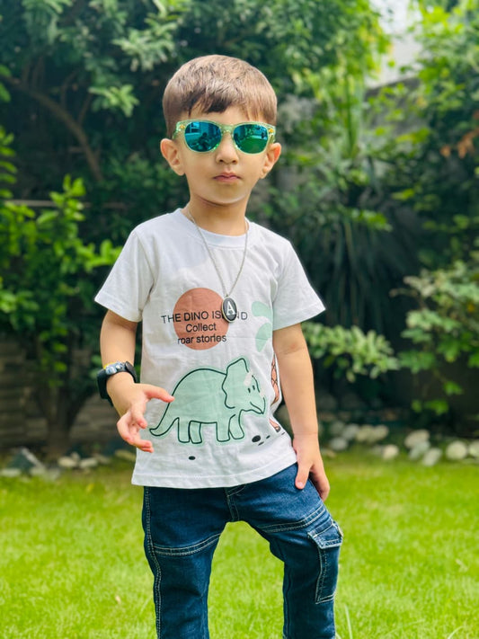 The Dino Island Print Unisex White Colour Printed T Shirts Kids 100% Cotton Tees