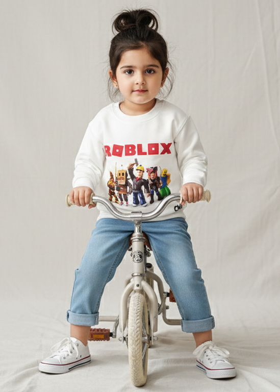 Child wearing a Roblox sweatshirt while standing on a small bike against a plain background