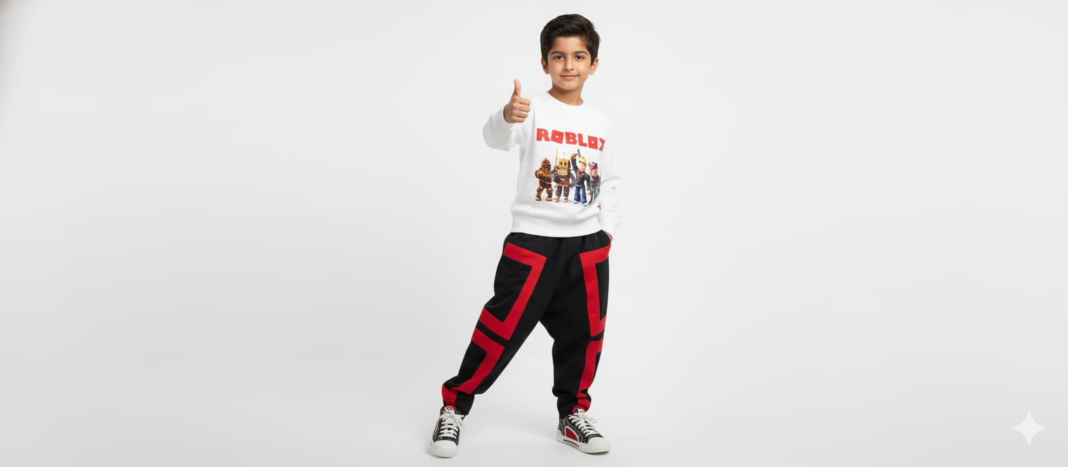 Child wearing a white sweatshirt with graphics and black pants with red accents on a white background