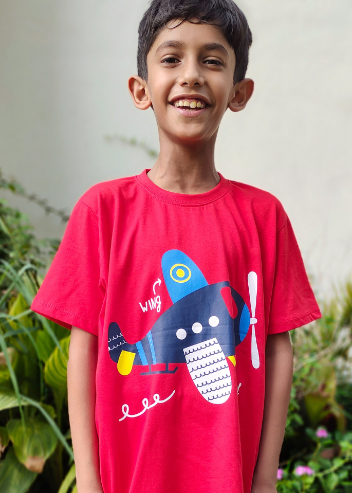 Airplane Wing and Wheel Print Tee Red Colour Printed T Shirts Kids 100% Cotton Tees