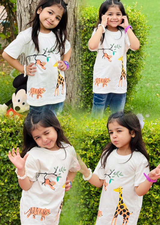 Four images of a girl wearing a white t-shirt with animal prints against a green outdoor background.