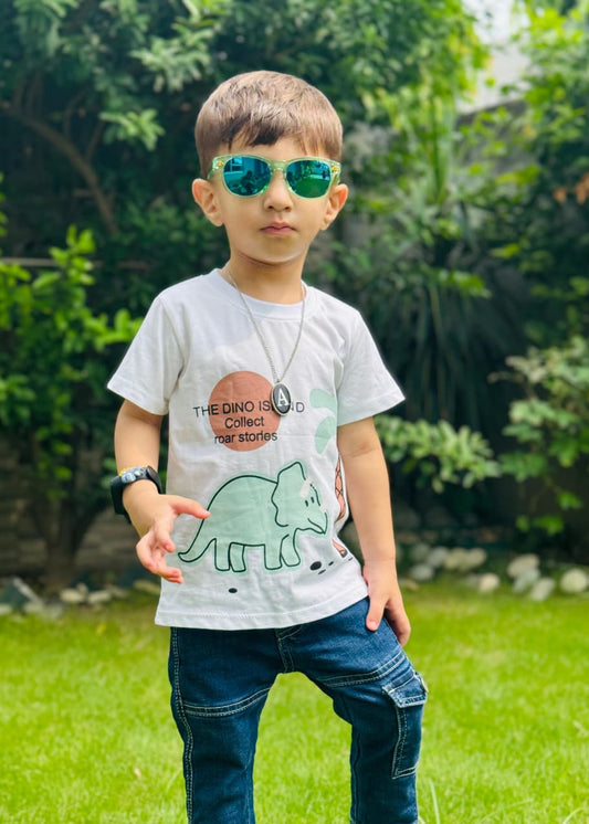 Child wearing sunglasses and a t-shirt with a dinosaur graphic outdoors