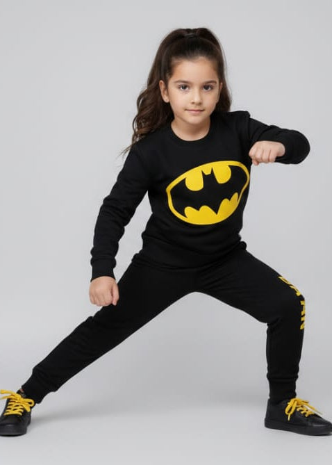 Child wearing a black Batman sweatshirt with a yellow logo on a gray background