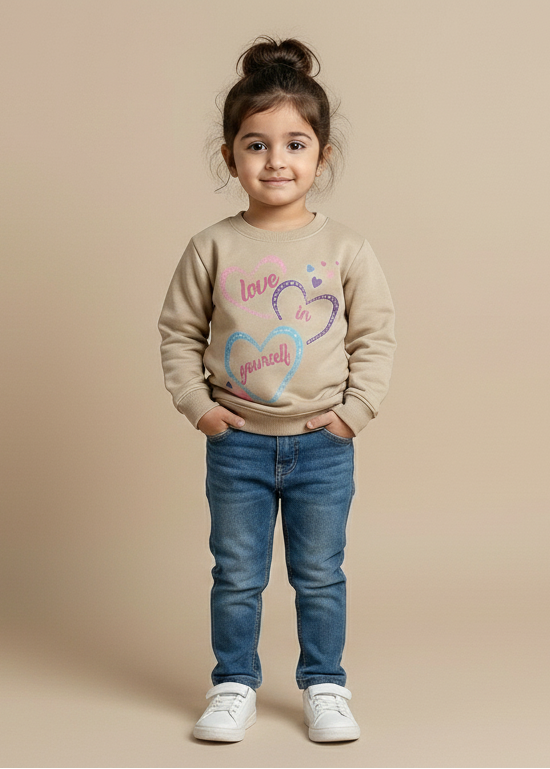 Child wearing a beige sweater with a heart design and blue jeans on a beige background