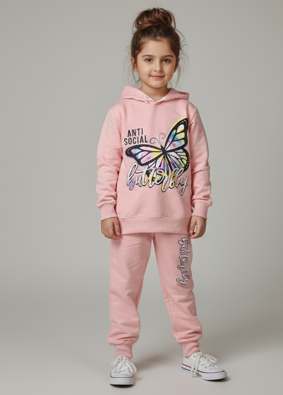 Young girl wearing a pink hoodie and pants with a butterfly design on a gray background