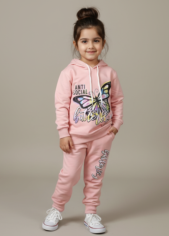 Child wearing a pink outfit with butterfly design on a plain background
