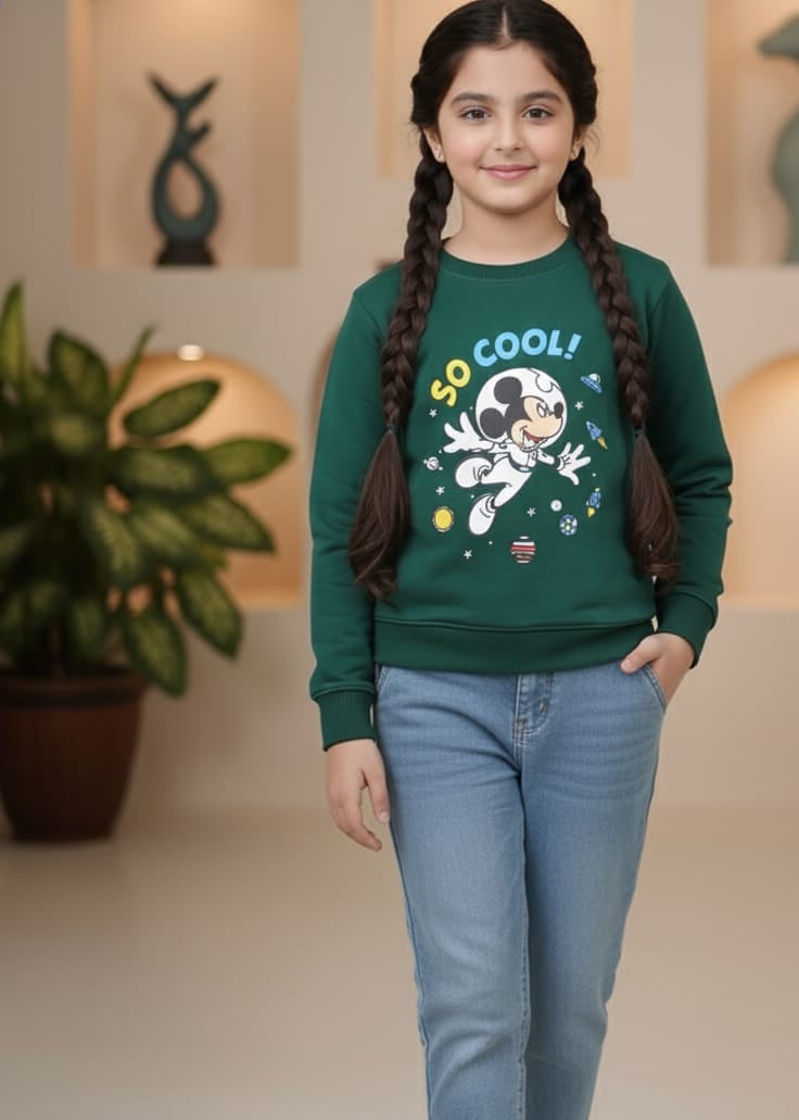 Young girl wearing a green sweatshirt with a cartoon character and text, standing indoors.