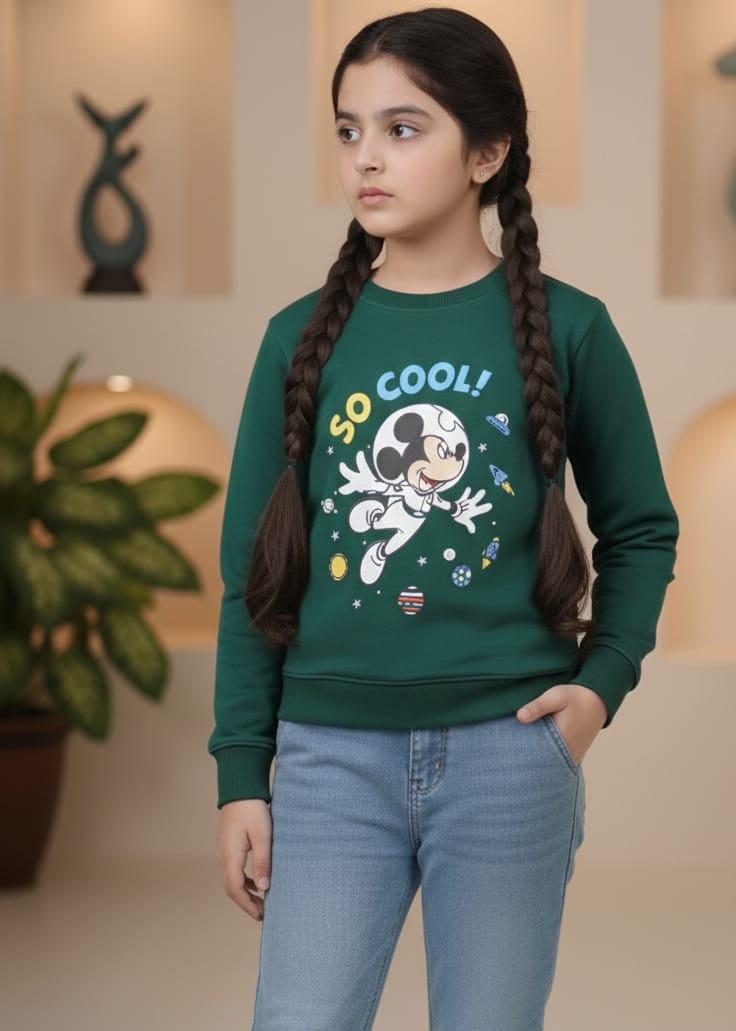 Girl wearing a green sweatshirt with a graphic design and blue jeans indoors.