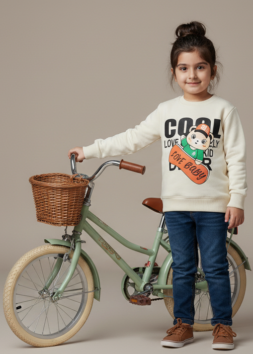 Child standing next to a bicycle wearing a sweatshirt with a graphic design on a plain background
