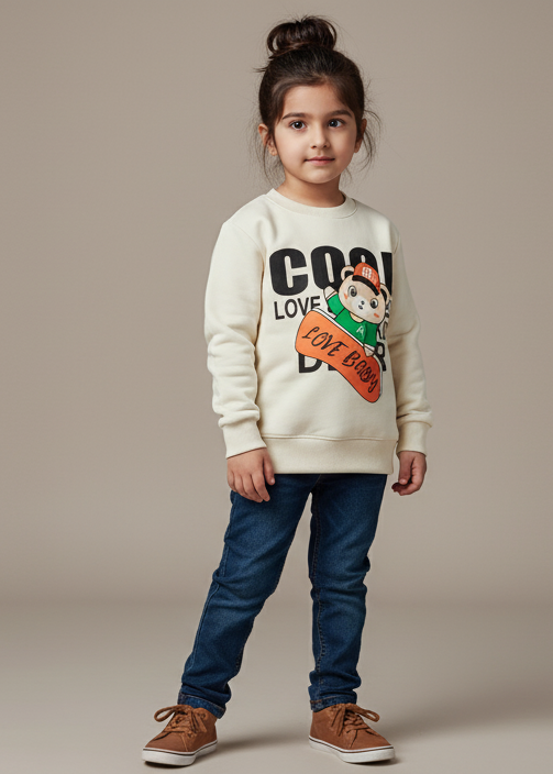 Young girl wearing a cream sweatshirt with colorful graphics and text, standing against a beige background