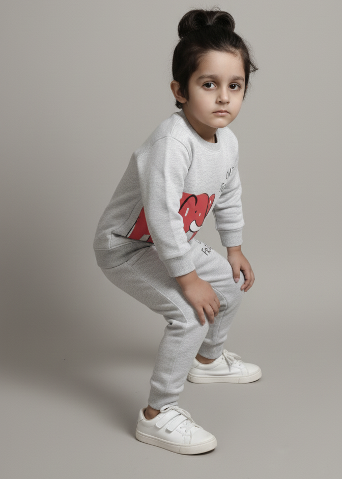 Child wearing a light gray outfit with a red heart design on a plain background