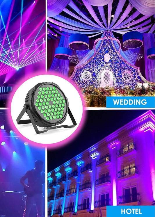 Collage of light show equipment with text labels for club, wedding, disco, and hotel.
