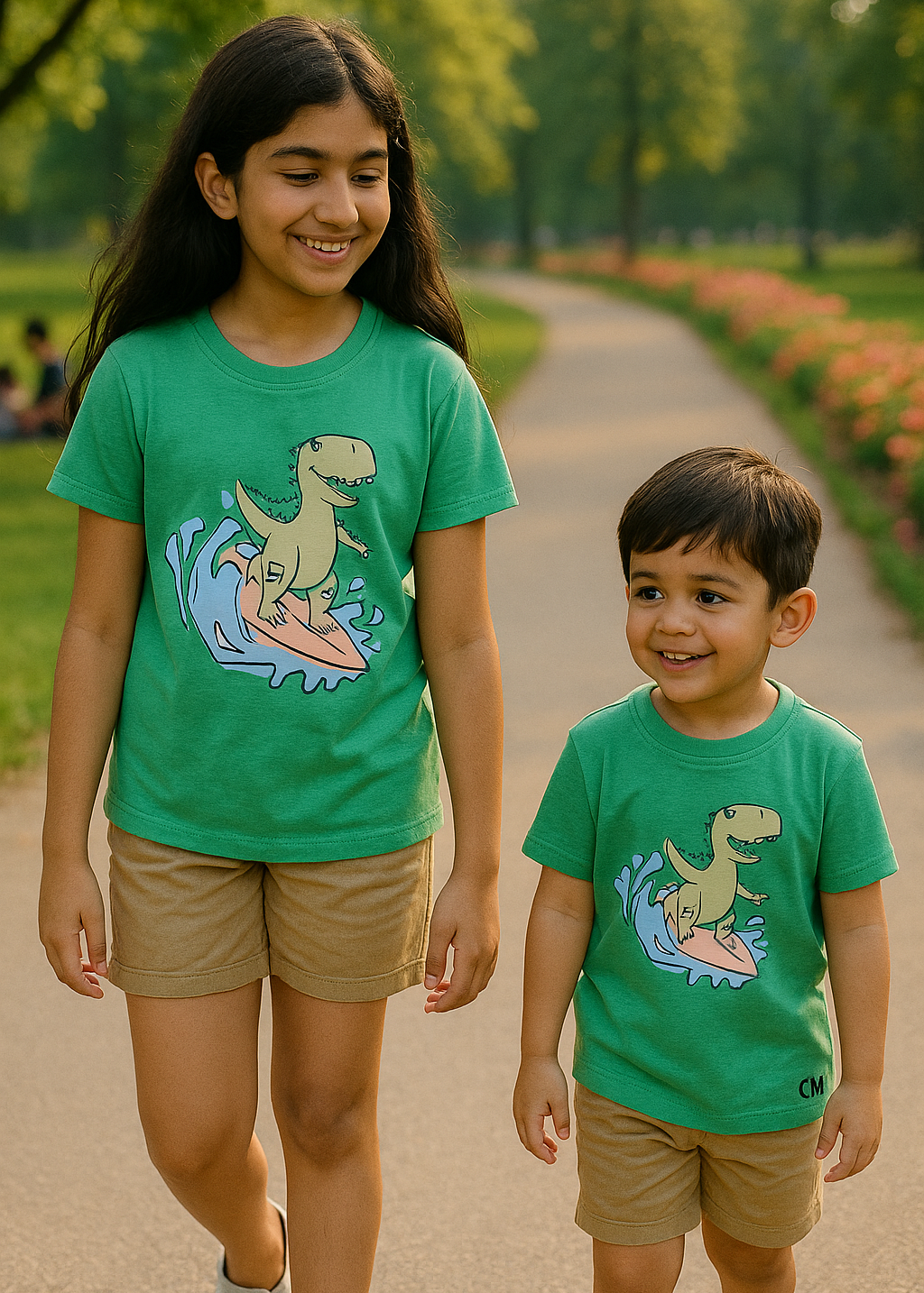 Two children wearing green t-shirts with dinosaur graphics in a park setting.