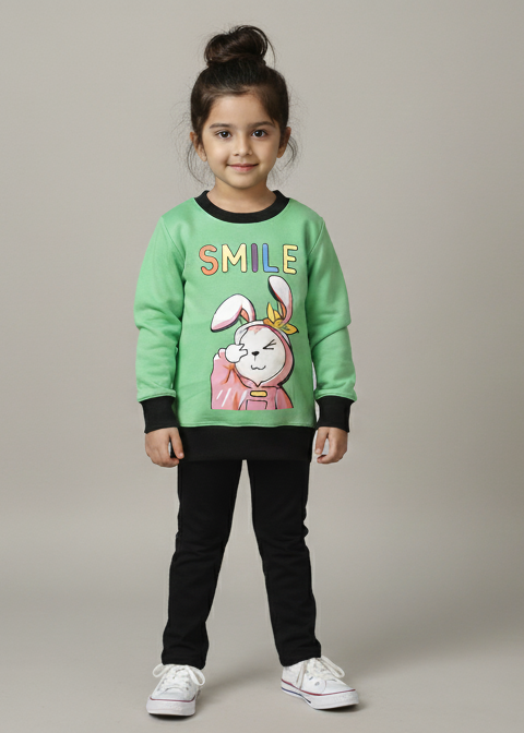 Child wearing a green sweater with a cartoon character on a plain background