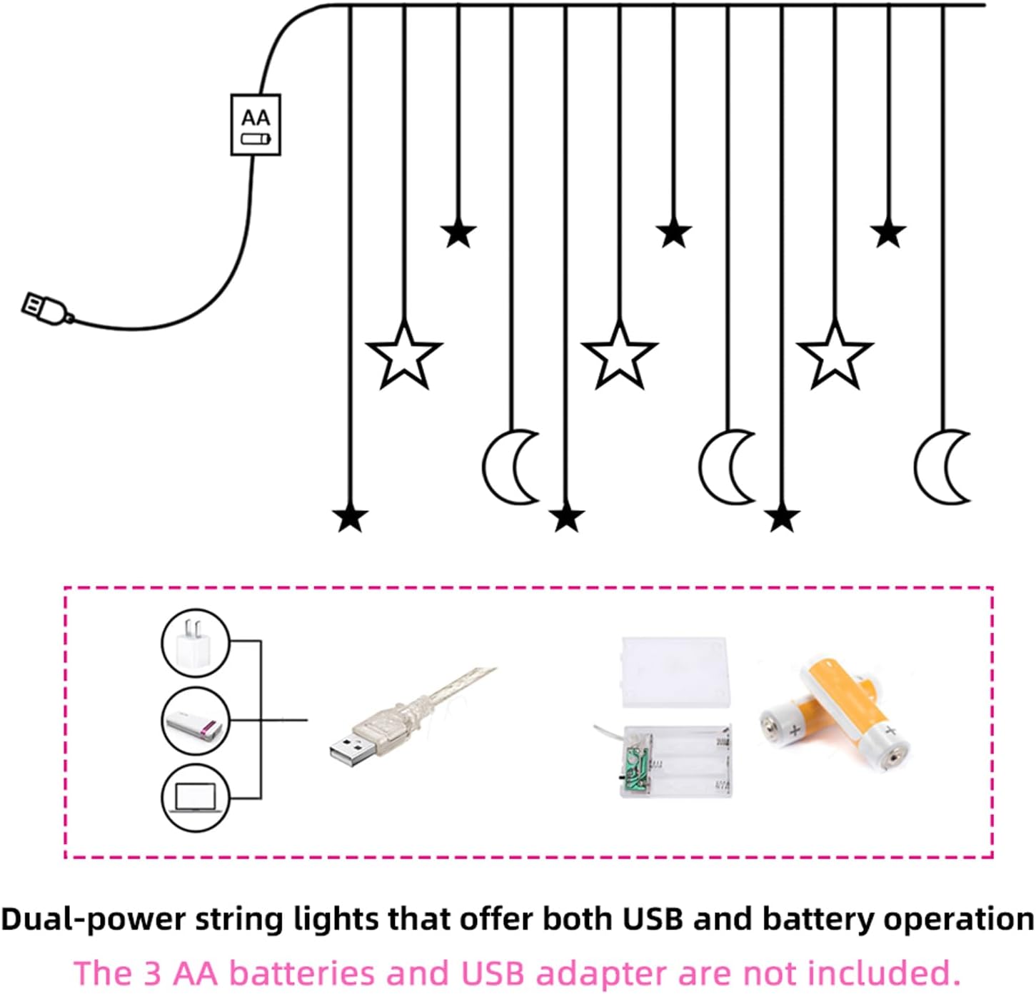 Diagram of dual-power string lights with USB and battery operation, including AA batteries and USB adapter.