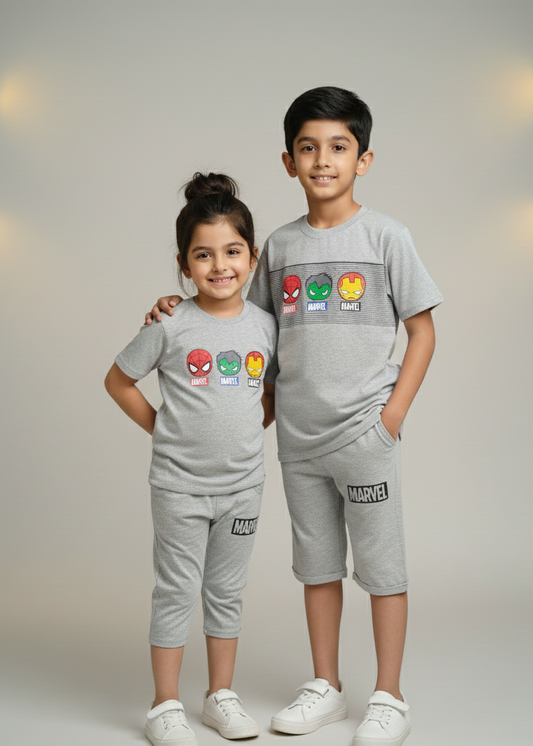 Two children wearing gray Marvel-themed outfits standing against a plain background