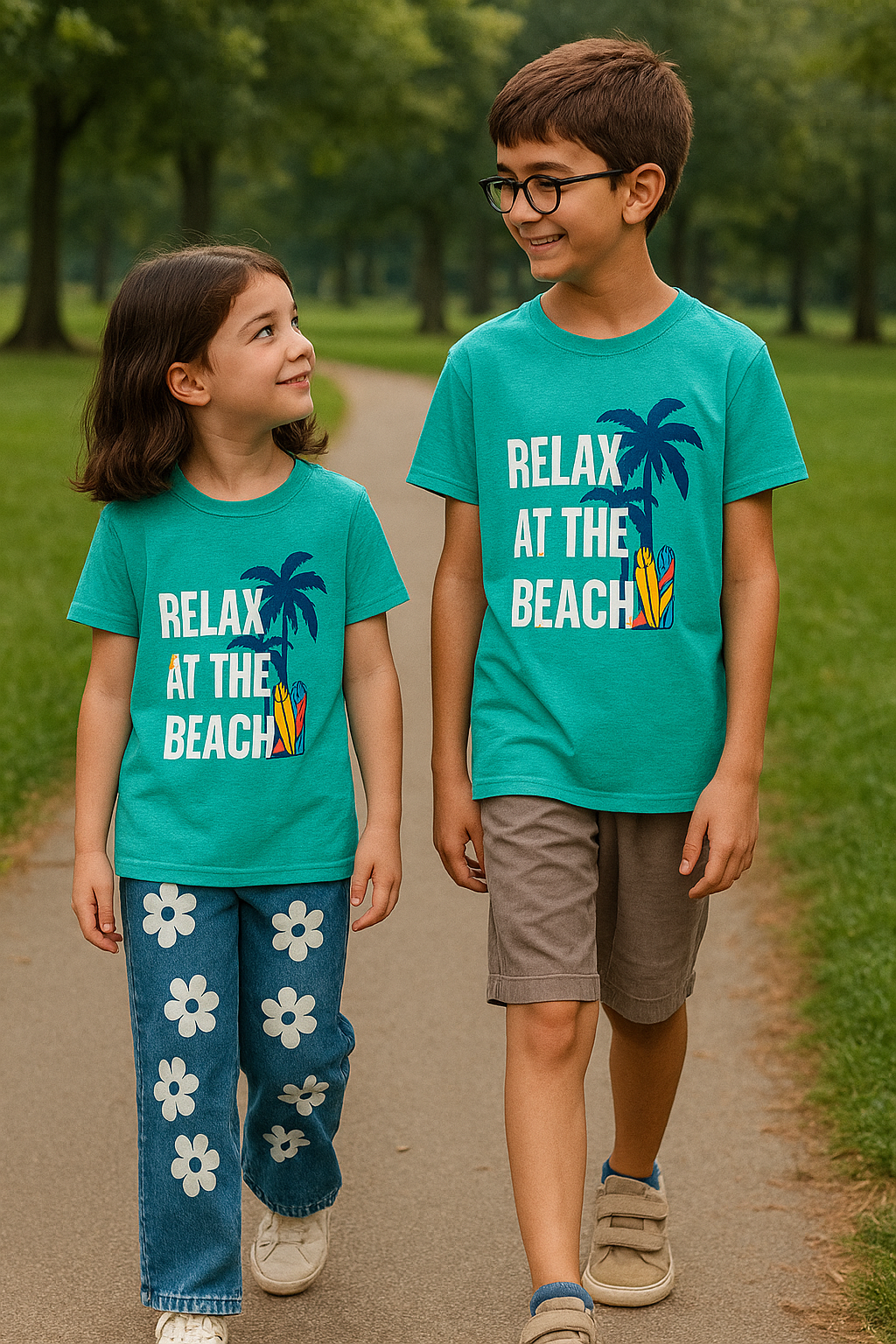 Relax at the Beach Unisex Tee Teal Colour Printed T Shirts Kids 100% Cotton Tees