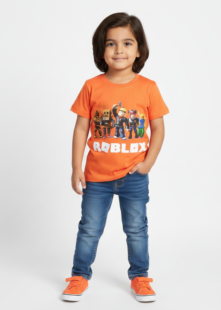 Child wearing an orange Roblox t-shirt and blue jeans on a white background
