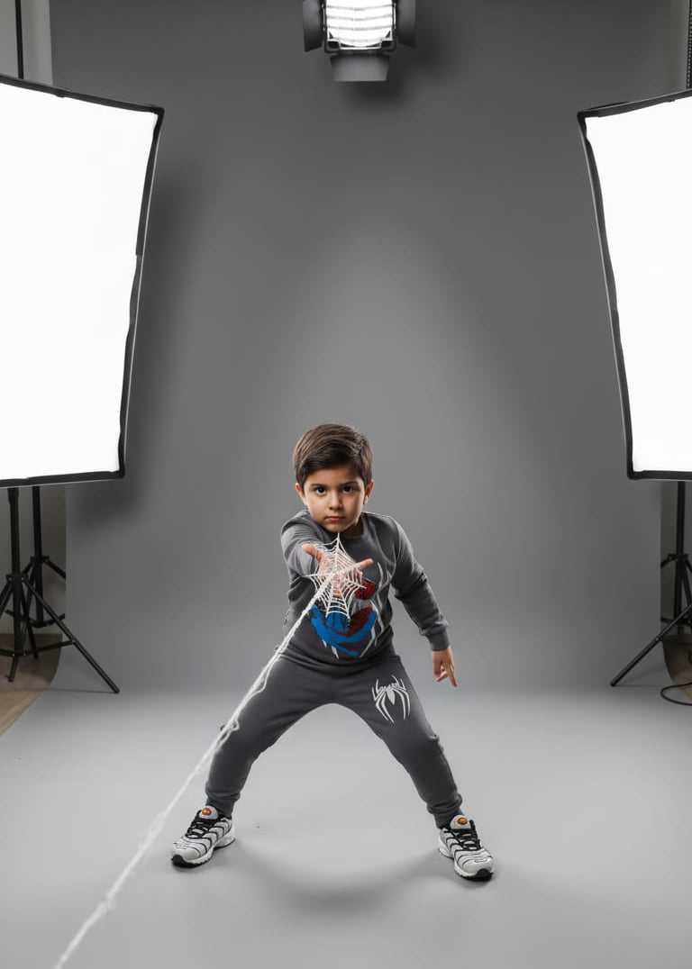 Child in superhero costume posing in a photo studio with lighting equipment.