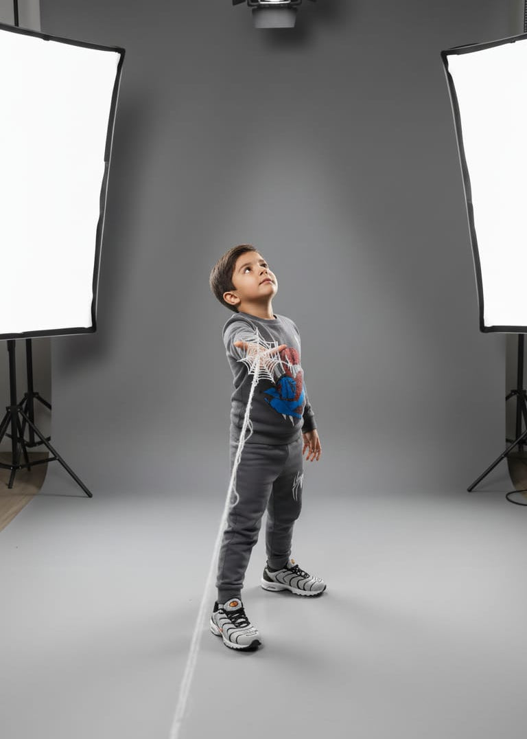 Child standing on a platform with studio lights and equipment in the background