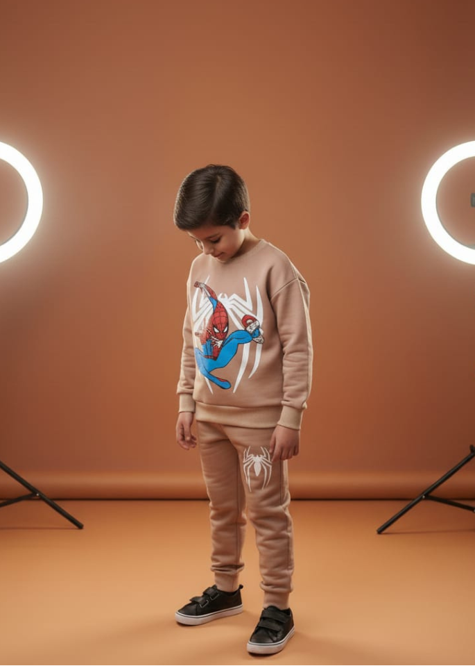 Child wearing a beige sweatshirt with Spider-Man design on a brown background